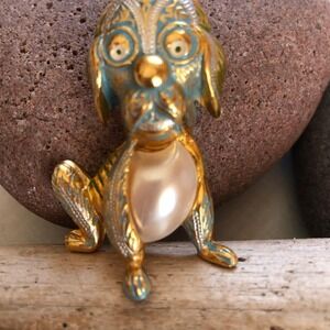 Vintage Damascene Unusual Dog Pin Brooch Gold Green Patina Faux‎ Pearl
